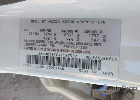 2004 Mazda Mazda3 I z USA, uszkodzony, nr VIN JM1BK12F041187587